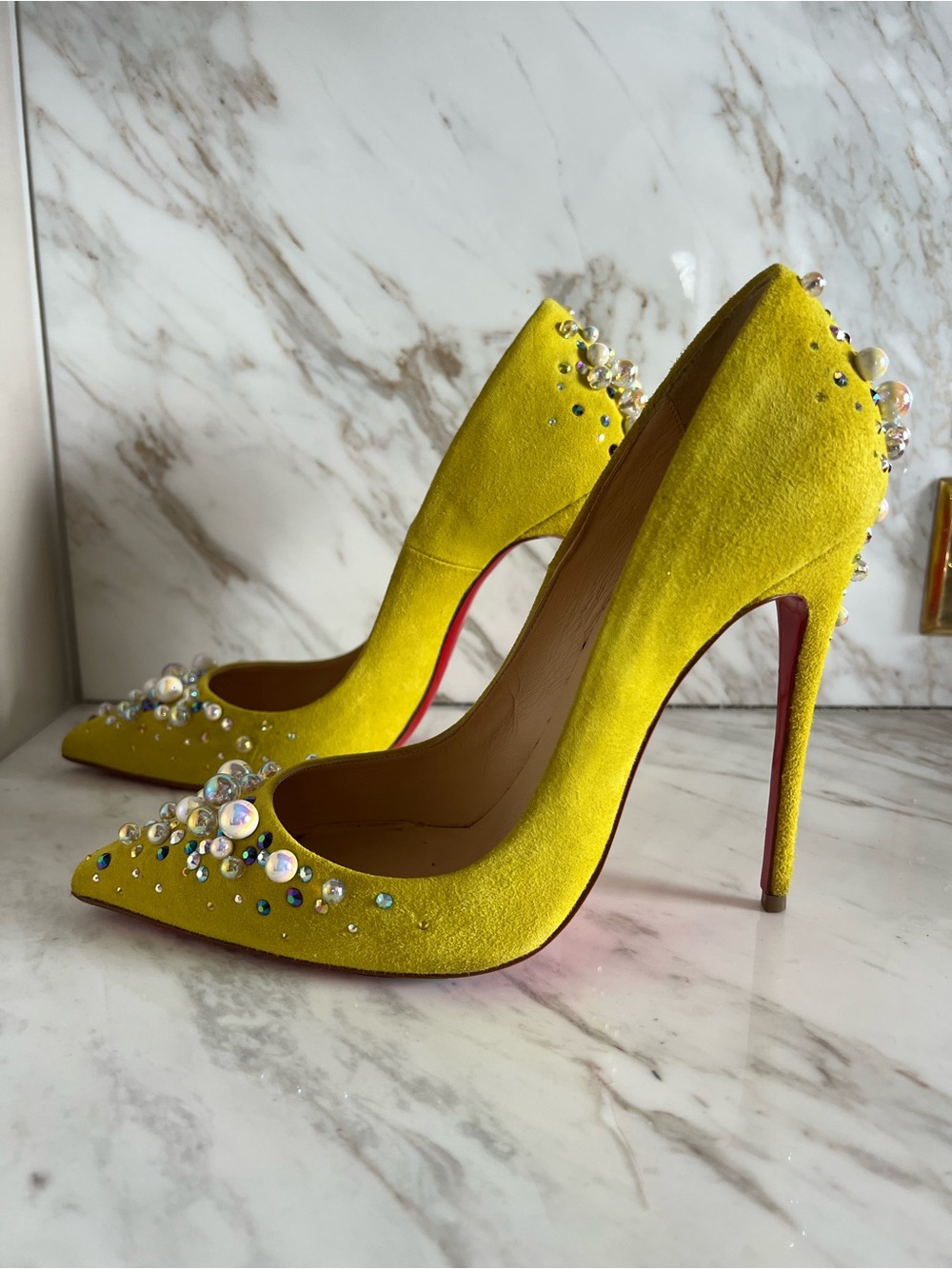 Christian Louboutin Candidate 120mm Cubiste Chartreuse Yellow Suede size 38.5 - Picture 3 of 8